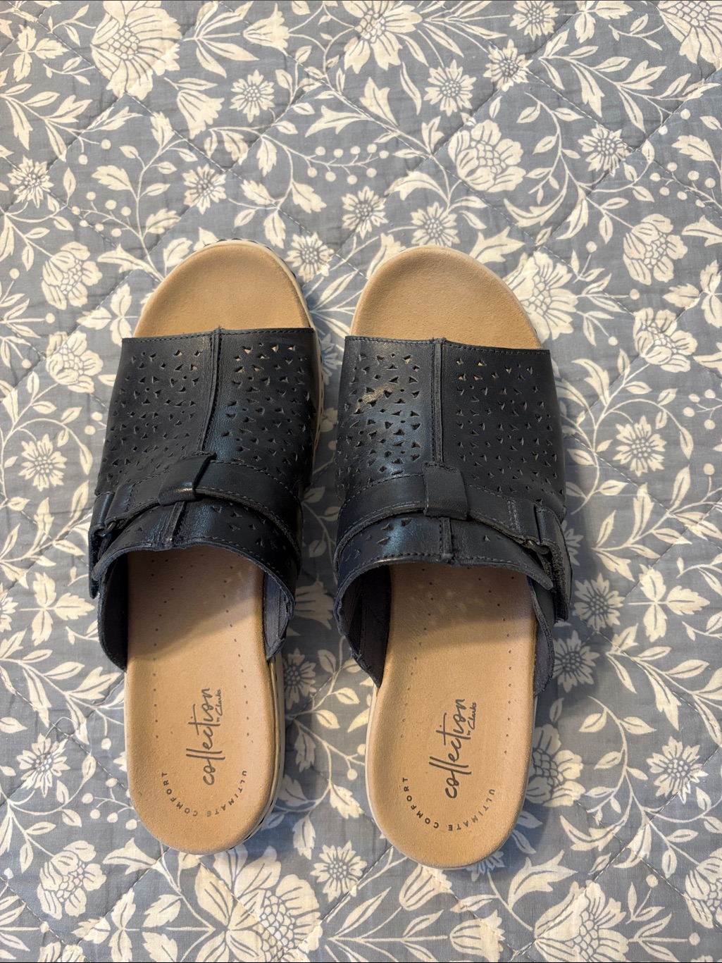 Clarks Black Perforated Slide Mules